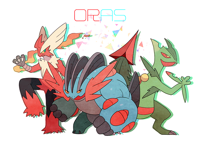 blaziken, sceptile, swampert, mega blaziken, mega sceptile, and 1 more (pokemon) drawn by jaho