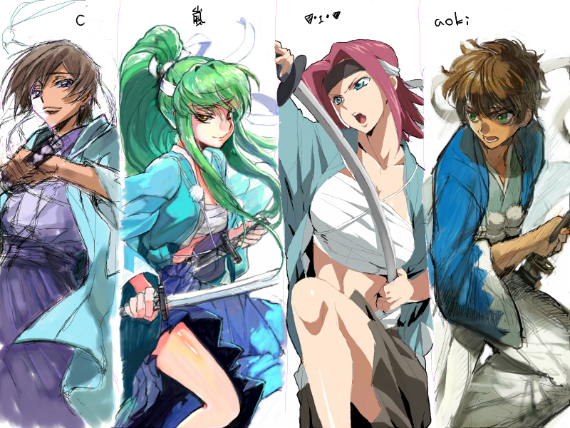 c.c., lelouch vi britannia, kouzuki kallen, and kururugi suzaku (code geass) drawn by creayus