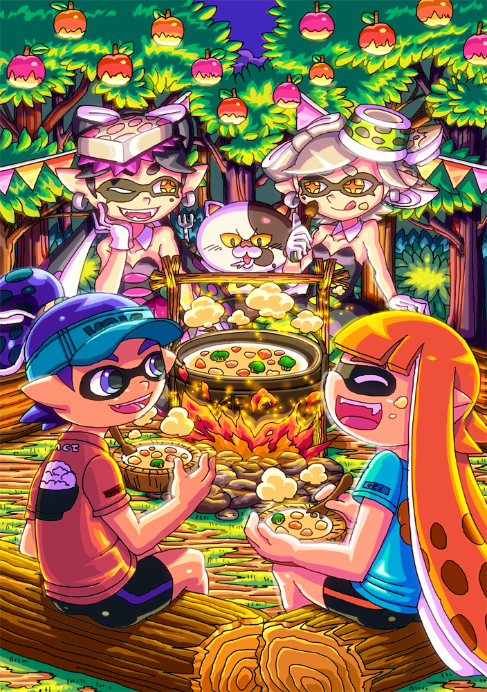 inkling player character, inkling girl, callie, marie, inkling boy, and 1 more (splatoon and 1 more) drawn by shouyu_senbei