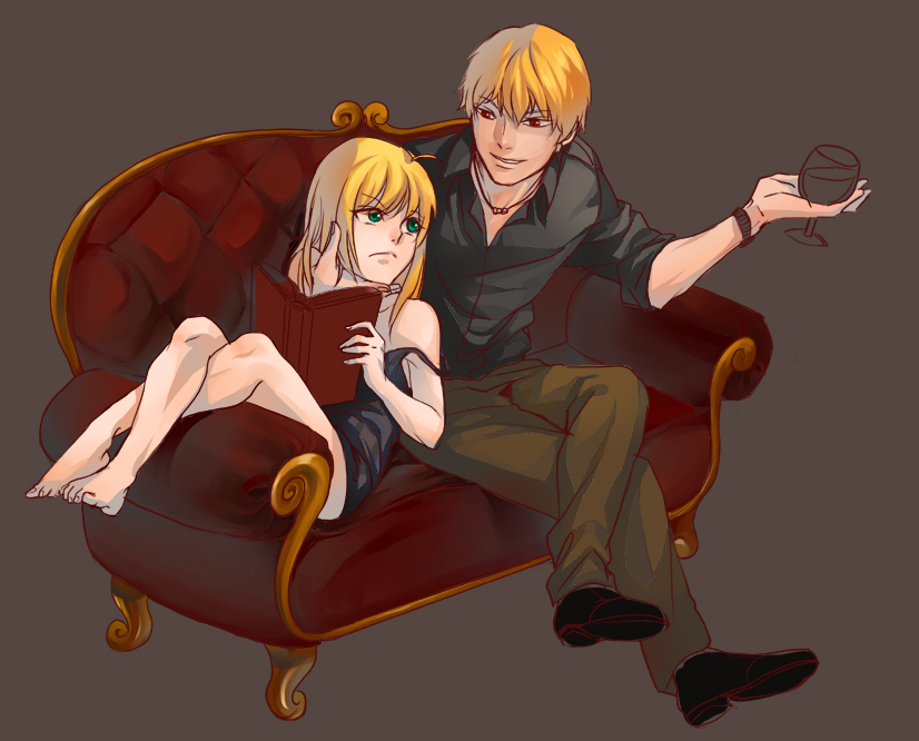 artoria pendragon, saber, and gilgamesh (fate and 1 more) drawn by jisue10