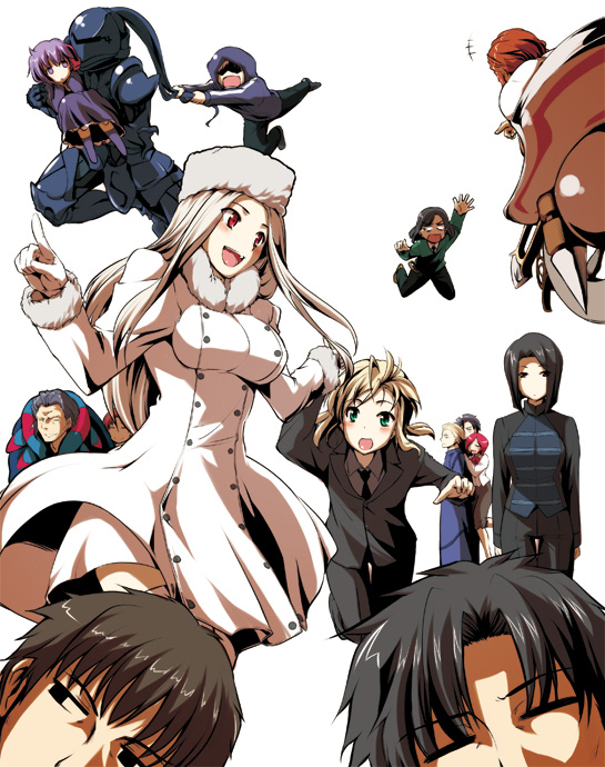 artoria pendragon, saber, matou sakura, kotomine kirei, iskandar, and 11 more (fate and 1 more) drawn by fue_(rhomphair)