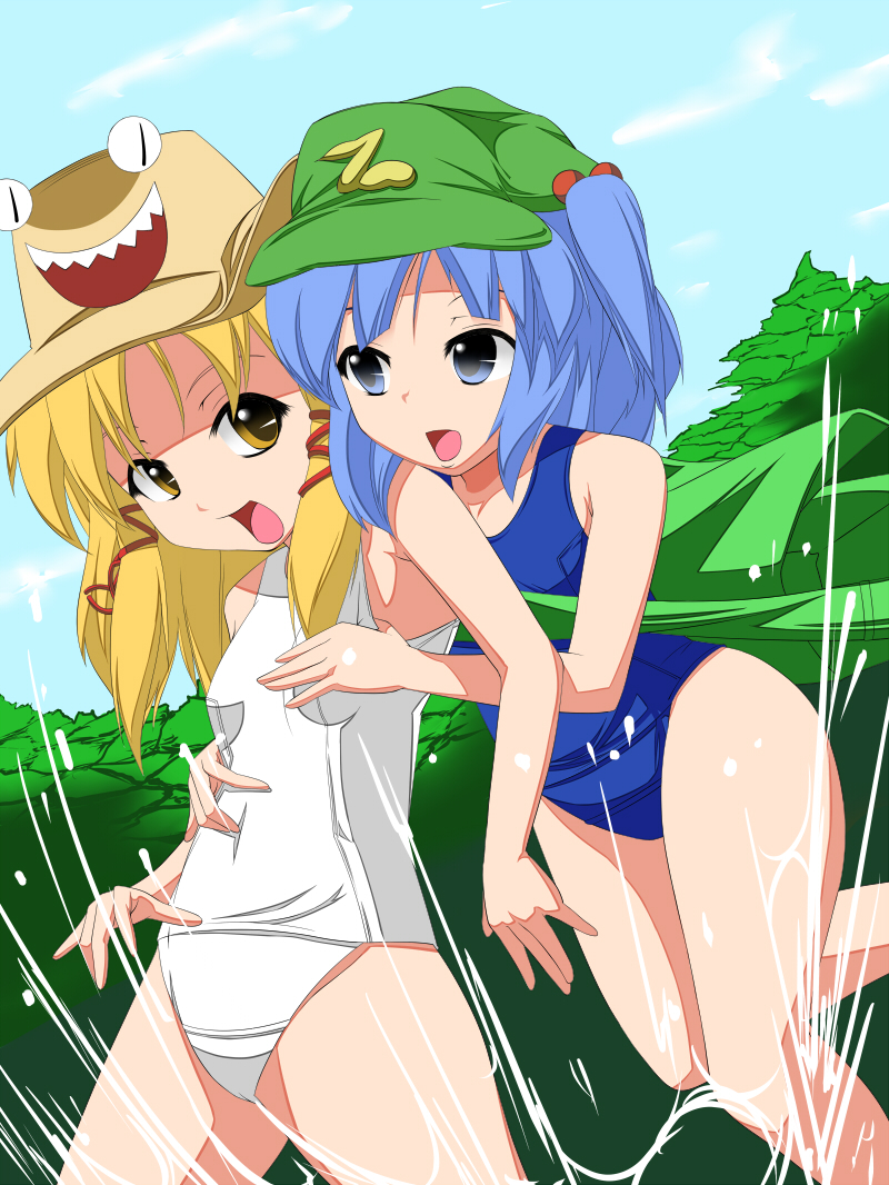 moriya suwako, kawashiro nitori, and pyonta (touhou) drawn by jantaku