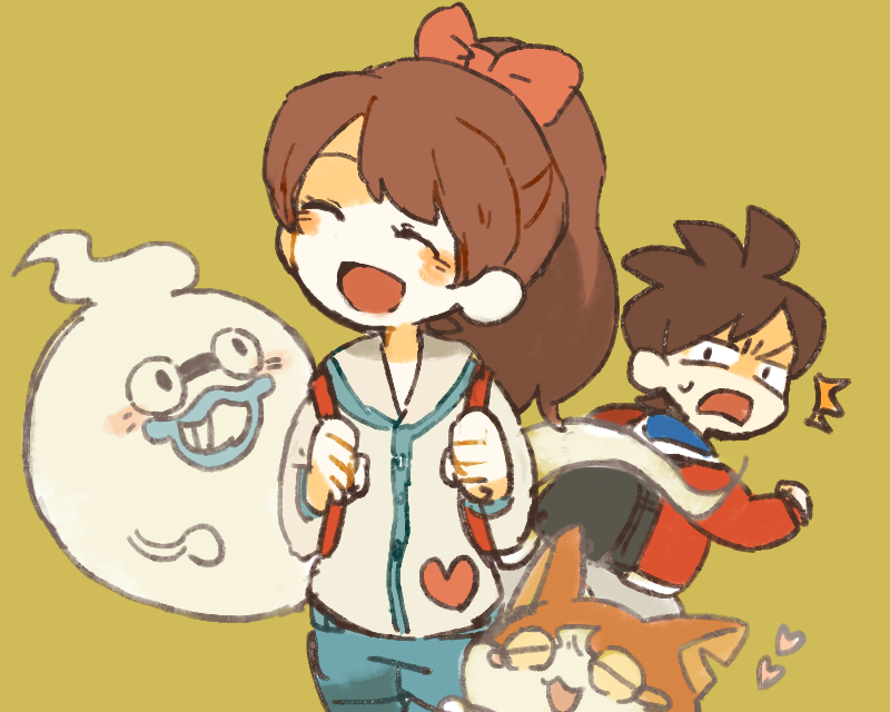 jibanyan, whisper, amano keita, and kodama fumika (youkai watch) drawn by kuri_(shibimame)