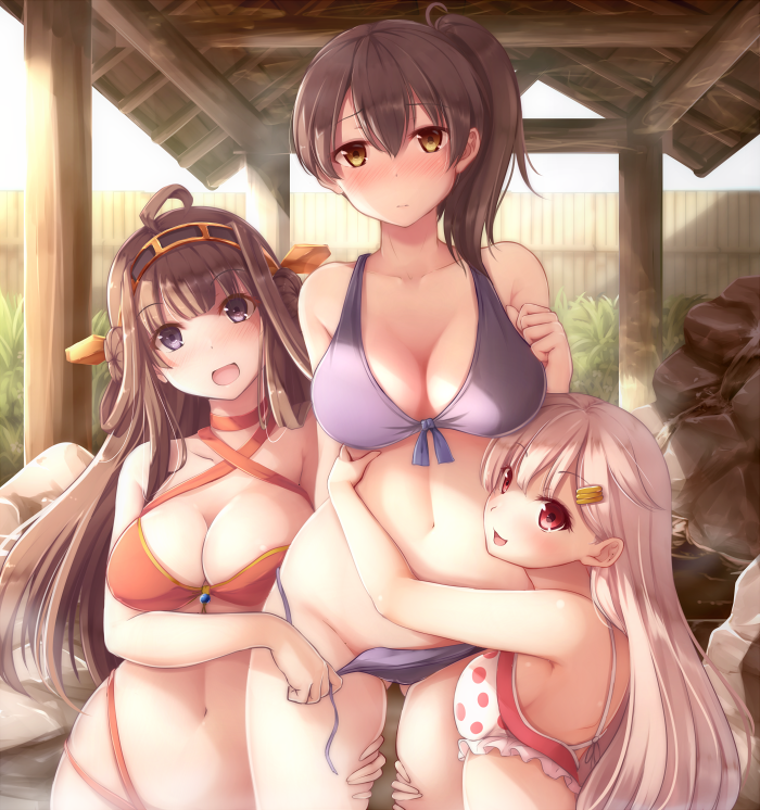 kaga, kongou, and yuudachi (kantai collection) drawn by nicoby