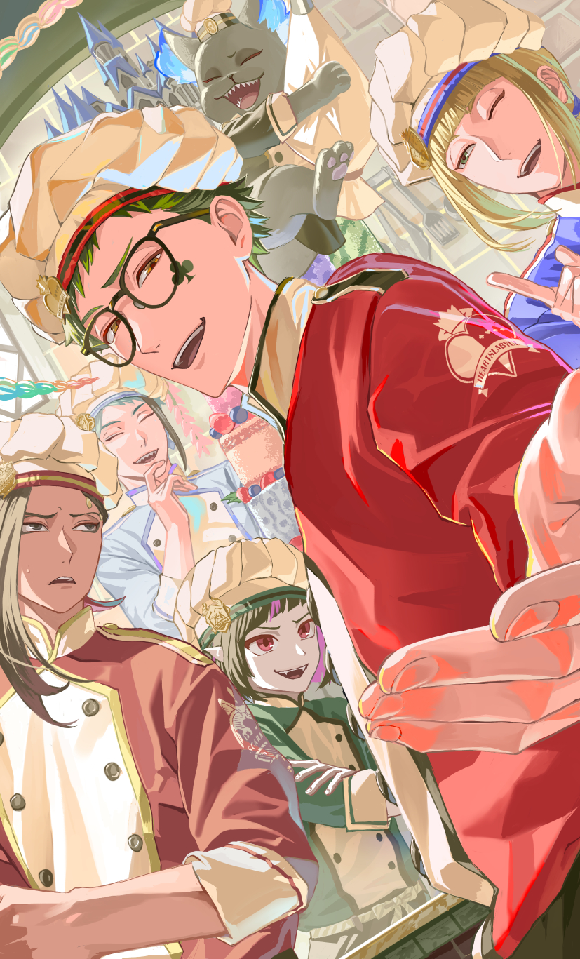 jade leech, lilia vanrouge, jamil viper, grim, rook hunt, and 1 more (twisted wonderland) drawn by chikuwa_glasses