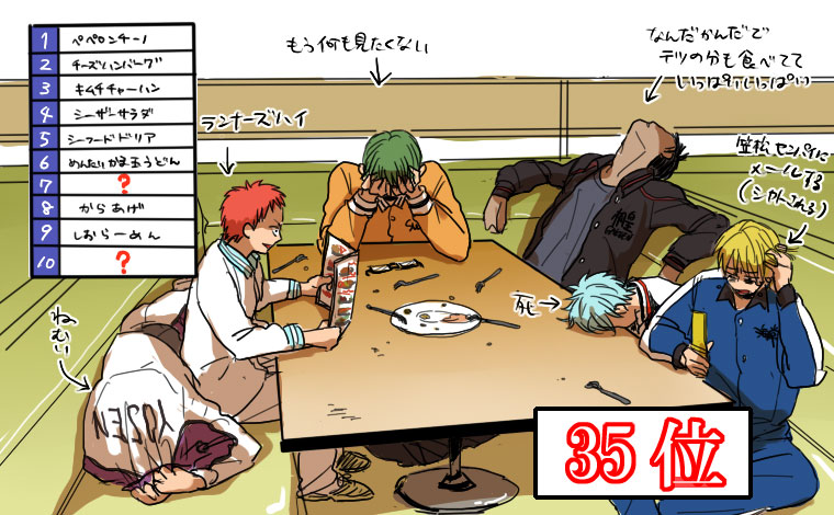 kuroko tetsuya, aomine daiki, kise ryouta, akashi seijuurou, midorima shintarou, and 1 more (kuroko no basuke) drawn by hnbs