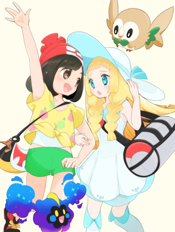 lillie, selene, rowlet, and cosmog (pokemon and 1 more) drawn by chorimokki