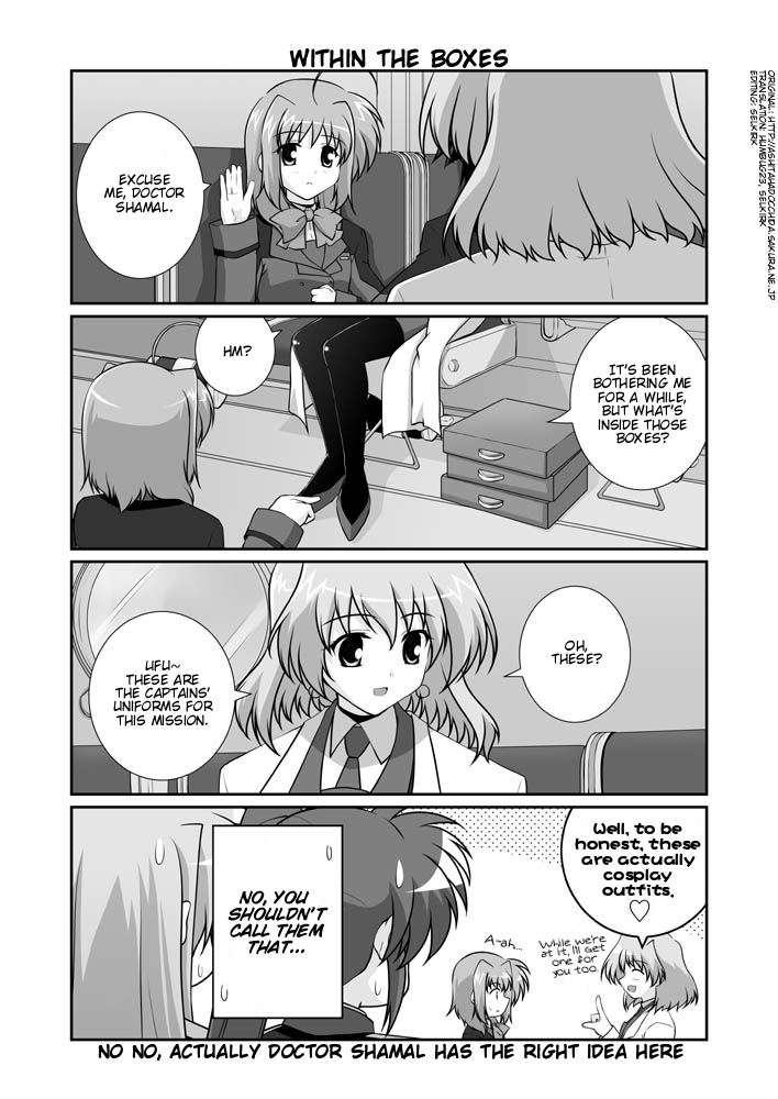 fate testarossa, takamachi nanoha, shamal, and caro ru lushe (lyrical nanoha and 1 more) drawn by mikage_takashi
