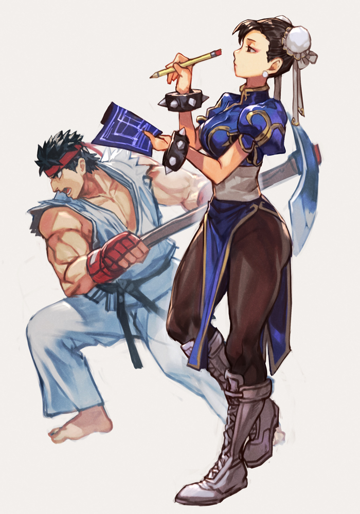 chun-li and ryu (street fighter and 2 more) drawn by hungry_clicker