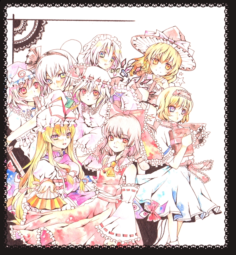 hakurei reimu, kirisame marisa, remilia scarlet, izayoi sakuya, konpaku youmu, and 3 more (touhou) drawn by n-mix