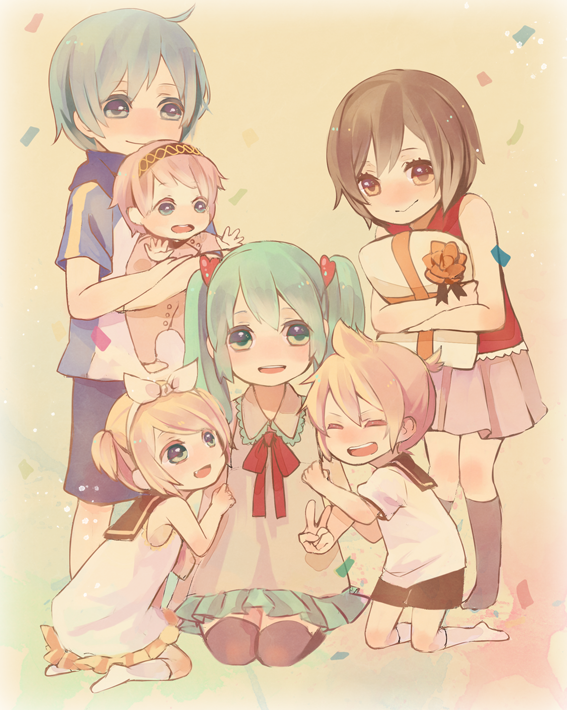 hatsune miku, kagamine rin, kagamine len, megurine luka, kaito, and 1 more (vocaloid) drawn by kamogawa_akira