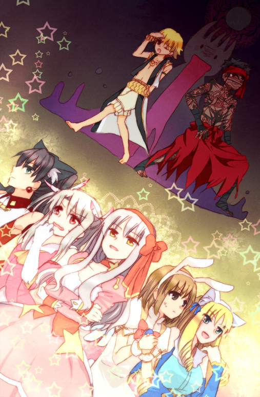 tohsaka rin, illyasviel von einzbern, gilgamesh, prisma illya, caren hortensia, and 8 more (fate and 4 more) drawn by hoshiyume_yashiro