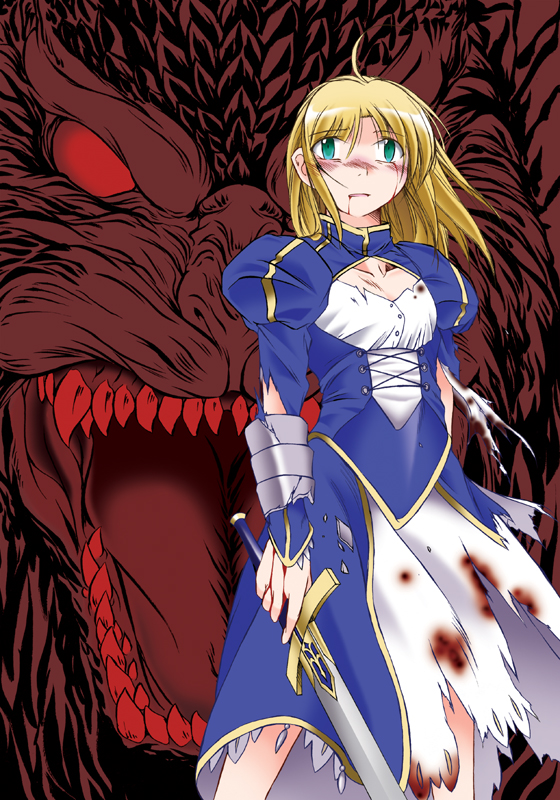 artoria pendragon, saber, and godzilla (fate and 2 more) drawn by angeldust