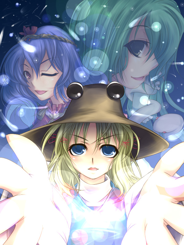 kochiya sanae, moriya suwako, and yasaka kanako (touhou) drawn by serizawa_mutsuki
