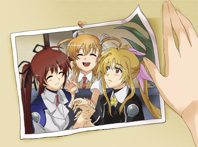fate testarossa, takamachi nanoha, and vivio (lyrical nanoha and 1 more) drawn by yanagi_seita