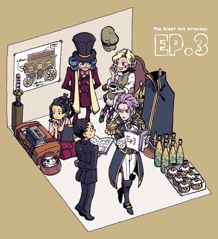 ryunosuke naruhodo, barok van zieks, susato mikotoba, gina lestrade, and magnus mcgilded (ace attorney and 2 more) drawn by shino_(shino_dgs)