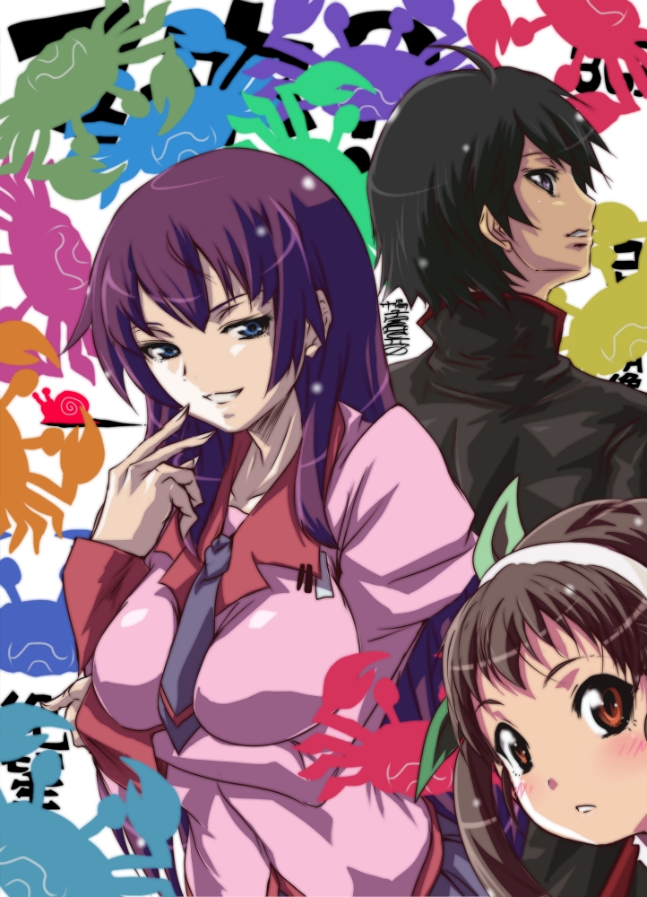 senjougahara hitagi, hachikuji mayoi, and araragi koyomi (monogatari and 1 more) drawn by madhatter_hello