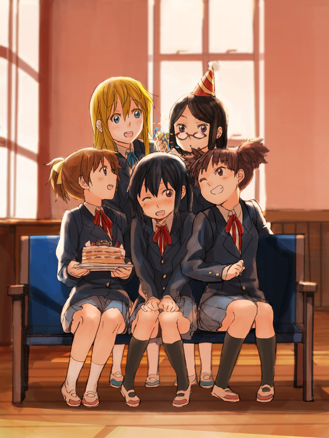 nakano azusa, hirasawa ui, suzuki jun, saitou sumire, and okuda nao (k-on! and 1 more) drawn by fukutarou_(enji127)