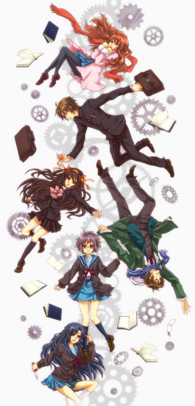 suzumiya haruhi, nagato yuki, asahina mikuru, kyon, asakura ryoko, and 1 more (suzumiya haruhi no yuuutsu and 1 more) drawn by amano_(tsubakicome)