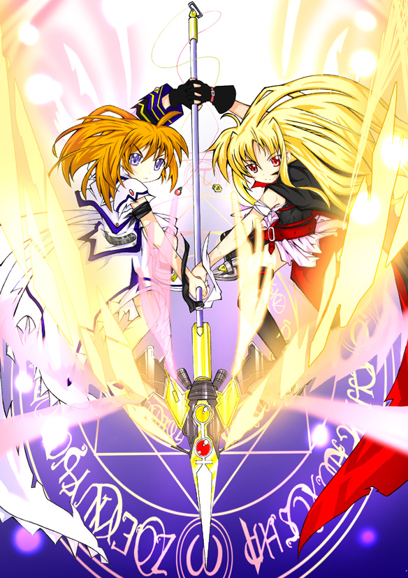 fate testarossa, takamachi nanoha, raising heart, and bardiche (lyrical nanoha and 2 more) drawn by mad_(hazukiken)