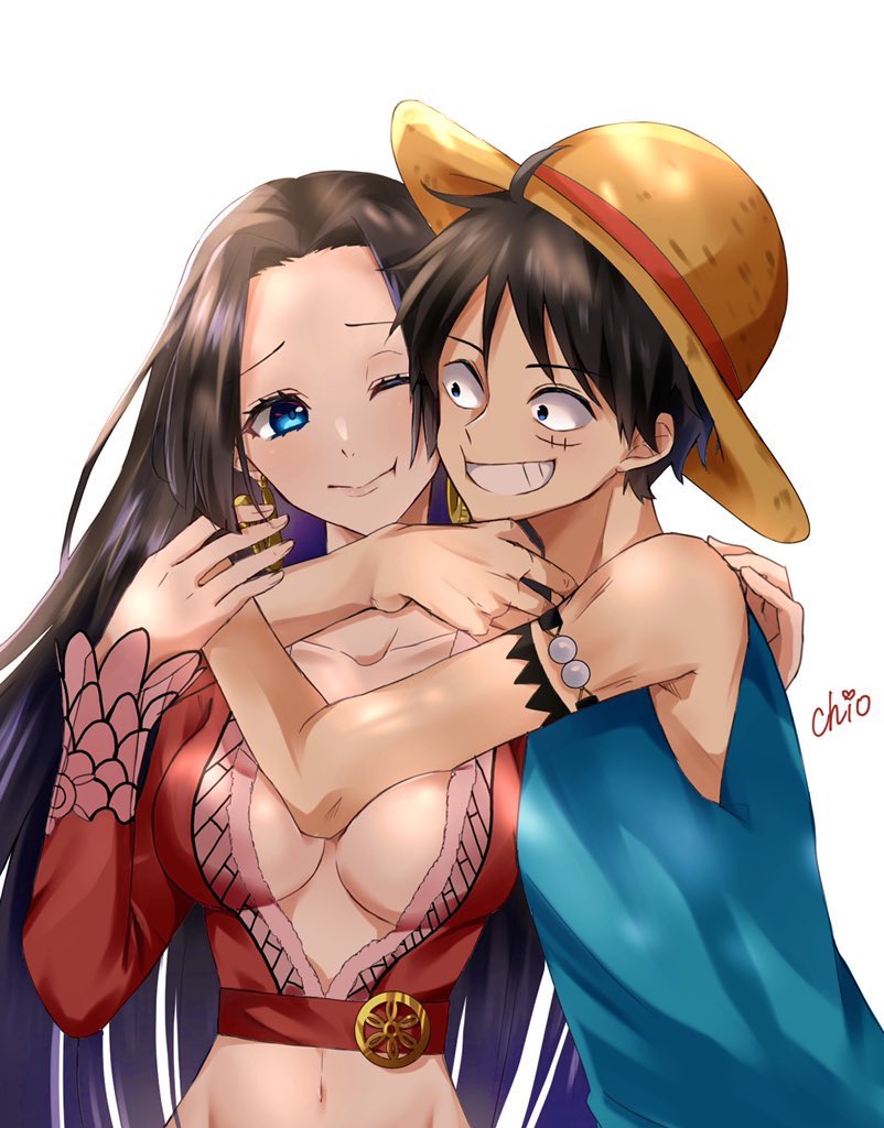 monkey d. luffy and boa hancock (one piece) drawn by harusya