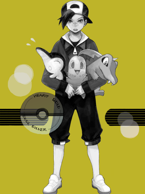 ethan, cyndaquil, chikorita, and totodile (pokemon and 1 more) drawn by shoku_jaku