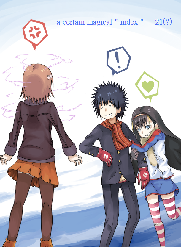misaka mikoto, kamijou touma, and lessar (toaru majutsu no index and 1 more) drawn by t0m0