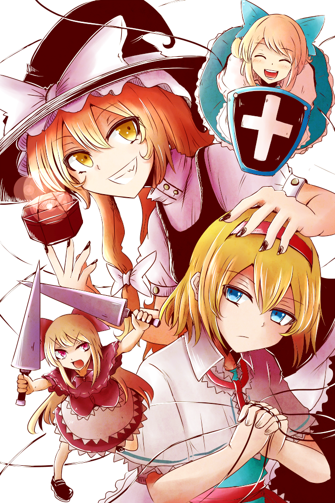 kirisame marisa, alice margatroid, shanghai doll, and hourai doll (touhou) drawn by necro_(nekurodayo)