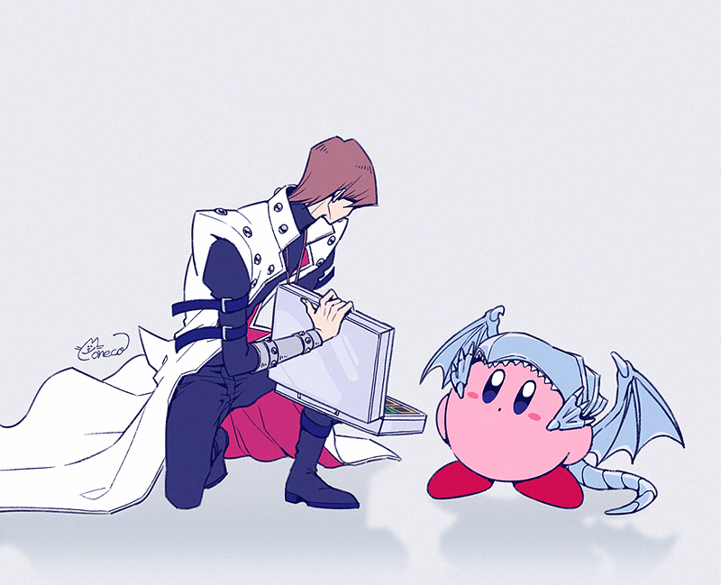 kirby, kaiba seto, and blue-eyes white dragon (yu-gi-oh! and 2 more) drawn by moneko