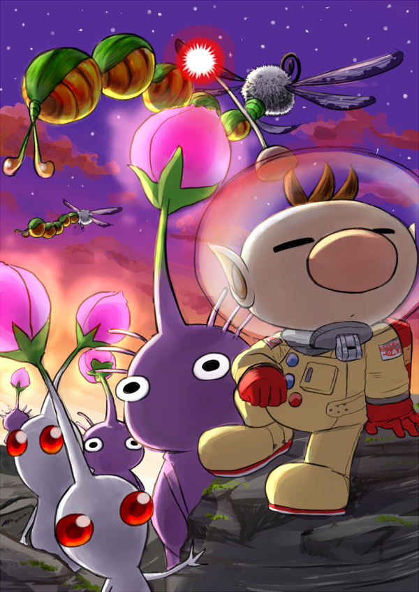 olimar, purple pikmin, white pikmin, and nectarous dandelfly (pikmin) drawn by yamato_koara