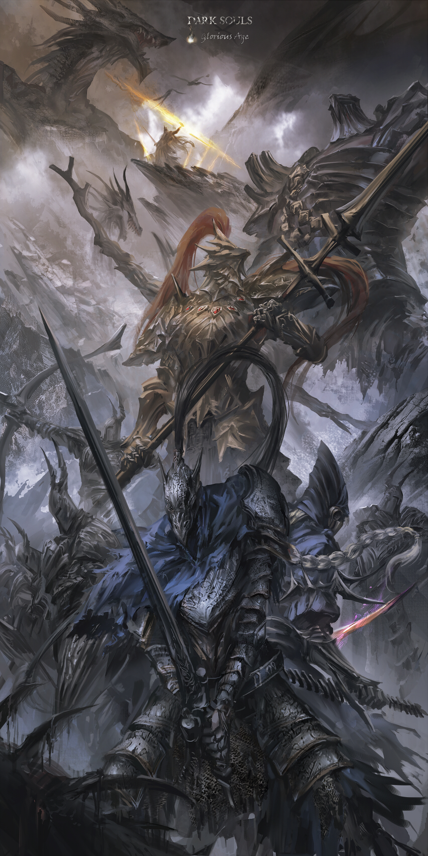 artorias the abysswalker, dragon slayer ornstein, lord's blade ciaran, hawkeye gough, gwyn lord of cinder, and 1 more (dark souls and 1 more) drawn by stu_dts