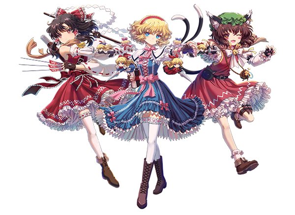 hakurei reimu, alice margatroid, chen, shanghai doll, and hourai doll (touhou and 1 more) drawn by kumio and youzikk