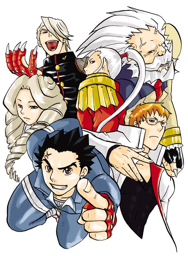 ichimonji batsu, kirishima yurika, kagami kyousuke, imawano hyou, kirishima kurou, and 1 more (justice gakuen and 1 more) drawn by kanou_(pixiv_74388)