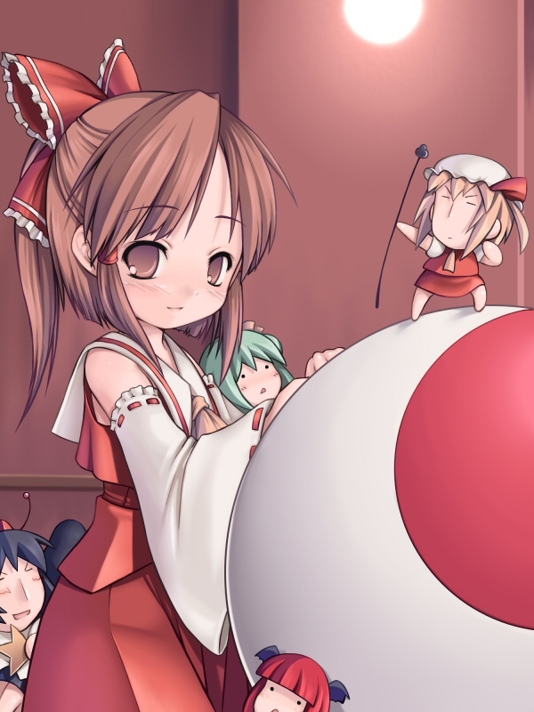 hakurei reimu, flandre scarlet, shameimaru aya, koakuma, and daiyousei (touhou) drawn by chabo_(fuketsudan)