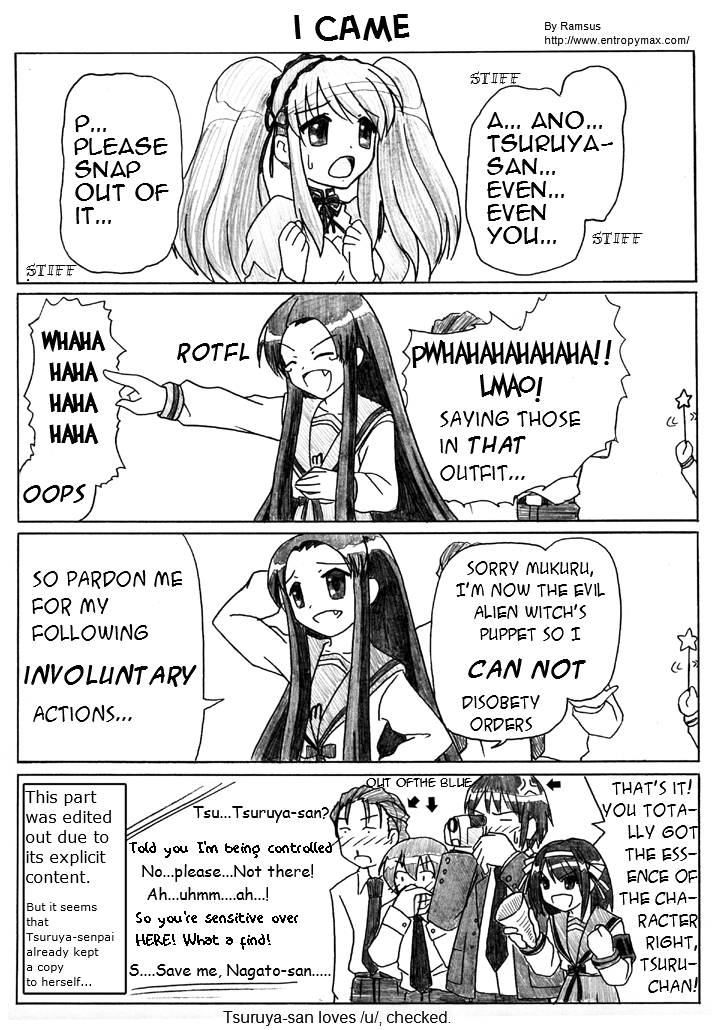 suzumiya haruhi, nagato yuki, asahina mikuru, kyon, tsuruya, and 2 more (suzumiya haruhi no yuuutsu)