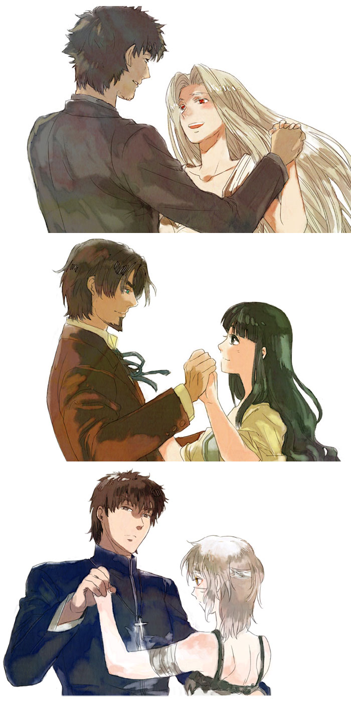 kotomine kirei, emiya kiritsugu, irisviel von einzbern, tohsaka tokiomi, tohsaka aoi, and 1 more (fate and 1 more) drawn by yukasu