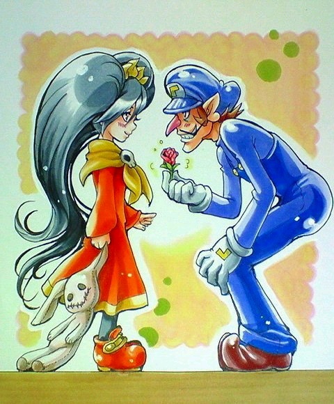 ashley and waluigi (mario and 1 more) drawn by anei