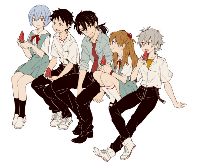 souryuu asuka langley, ayanami rei, ikari shinji, nagisa kaworu, and kaji ryouji (neon genesis evangelion) drawn by 0930erina
