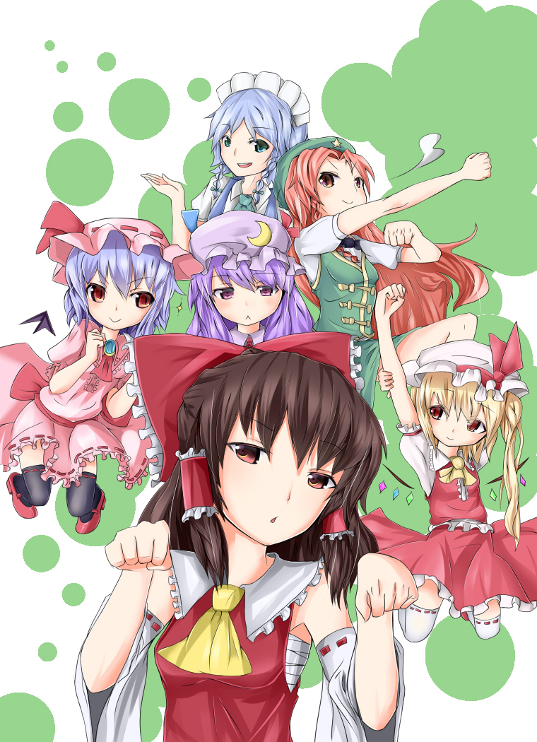 hakurei reimu, remilia scarlet, flandre scarlet, izayoi sakuya, patchouli knowledge, and 1 more (touhou) drawn by kahlua_(artist)