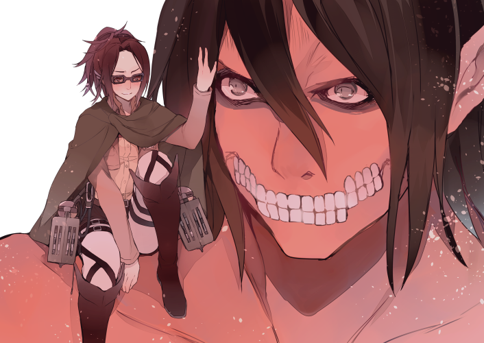 titan, hange zoe, and rogue titan (shingeki no kyojin) drawn by tokio_neo