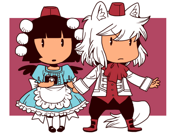 shameimaru aya, inubashiri momiji, alice, and lewis carroll (touhou and 1 more) drawn by onikobe_rin