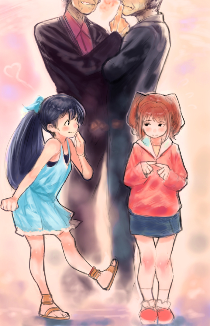 ganaha hibiki, takatsuki yayoi, takagi junjirou, and kuroi takao (idolmaster and 1 more) drawn by bukimi_isan