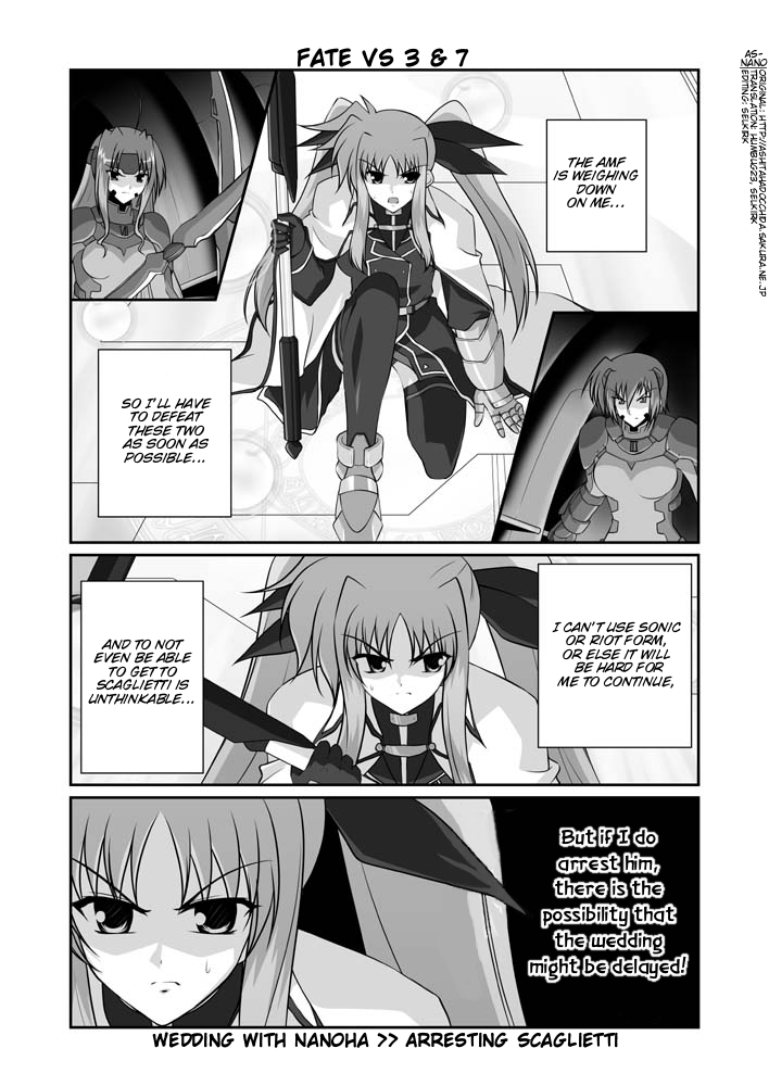 fate testarossa, bardiche, tre, and sette (lyrical nanoha and 1 more) drawn by mikage_takashi