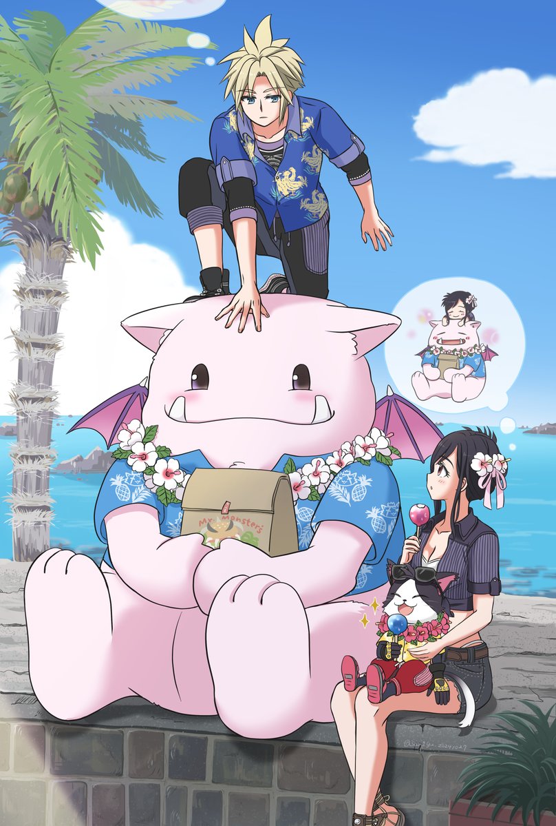 tifa lockhart, cloud strife, moogle, and cait sith (final fantasy and 3 more) drawn by asami_yutori