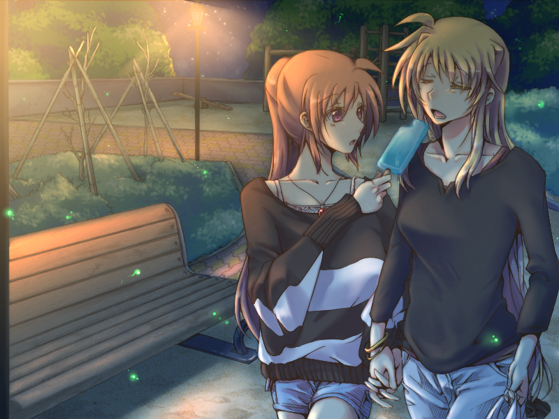 fate testarossa, takamachi nanoha, and raising heart (lyrical nanoha and 1 more) drawn by yu_okam1