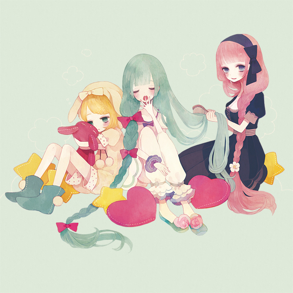 hatsune miku, kagamine rin, and megurine luka (vocaloid) drawn by pechika