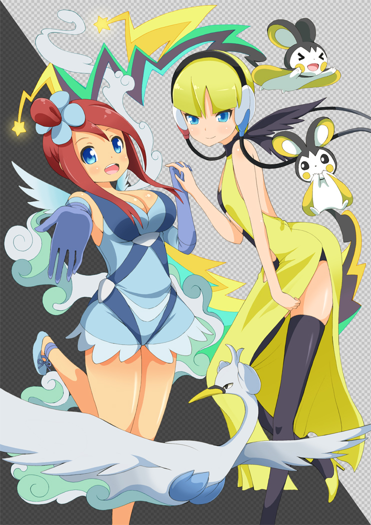 skyla, elesa, emolga, and swanna (pokemon and 1 more) drawn by magyo