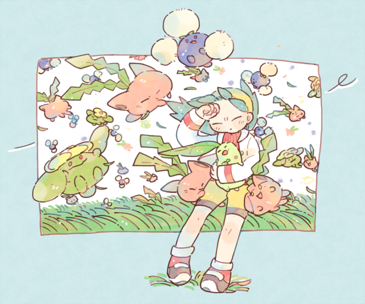 kris, chikorita, hoppip, jumpluff, and skiploom (pokemon and 1 more) drawn by katiko