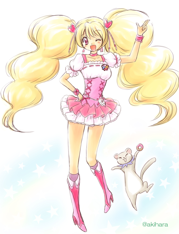 momozono love, cure peach, and tart (precure and 1 more) drawn by akihara_ryou