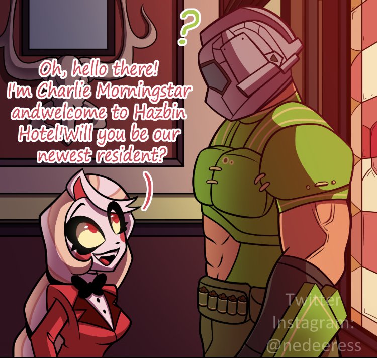 charlie morningstar and doomguy (hazbin hotel and 1 more) drawn by nedeeress